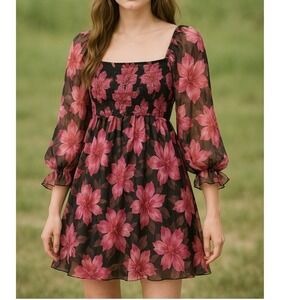 Thirty Thirty Floral Mini Dress Smocked Square Neck Ruffled Cuffs Fairy‎ Pink L